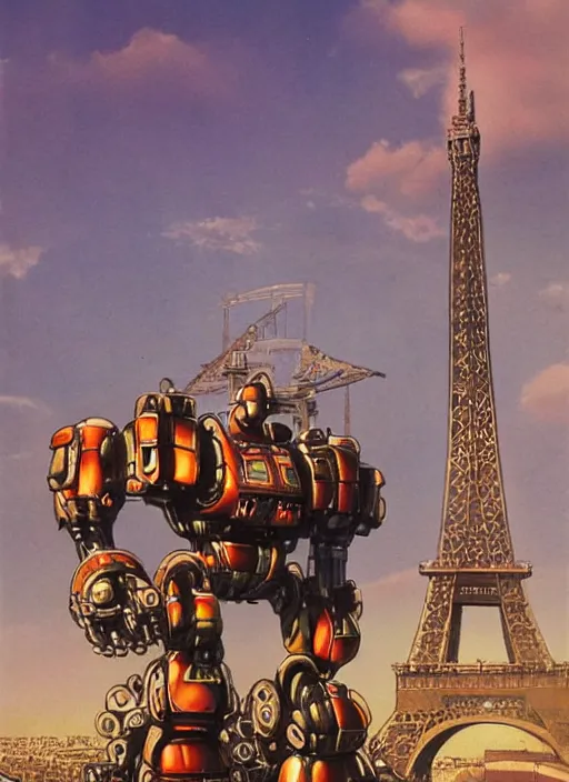 Image similar to realistic physically based rendering of a giant mechanical robot at the eiffel tower by jack kirby and simon bisley, epic, awesome trendy color palette, cinematic