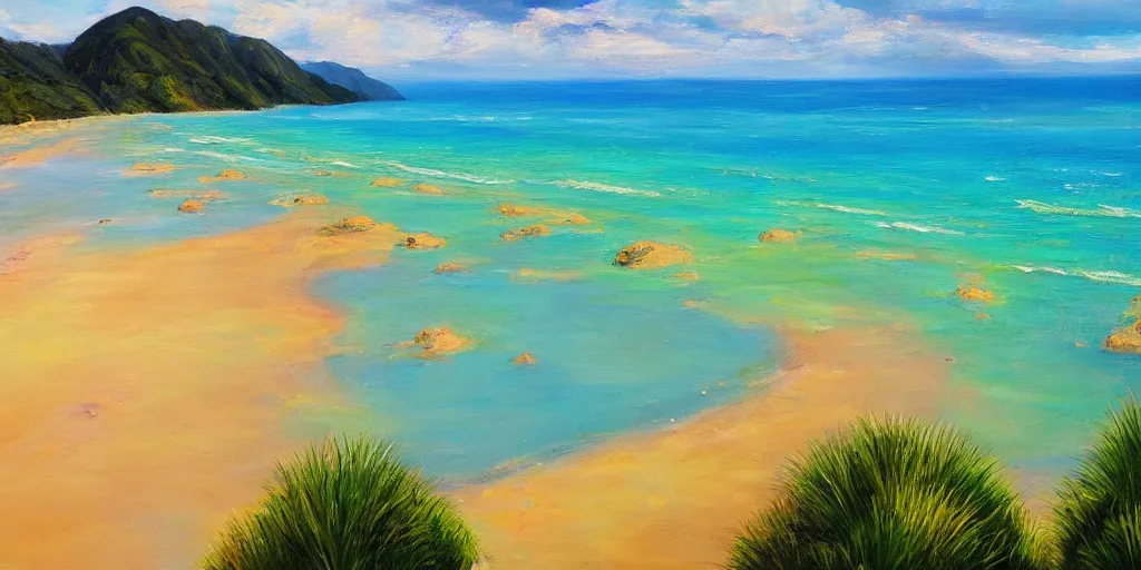 Image similar to golden bay new zealand, abel tasman, colorful oil painting, trending on artstation