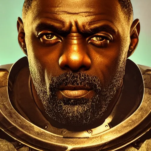 Prompt: idris elba portrait, dystopia core, apocalyptic, armor, warrior, dramatic, sharp focus, fiction, neon, fantasy, hyper detailed, digital art, trending in artstation, cinematic lighting, studio quality, smooth render, unreal engine 5 rendered, octane rendered, art style and nixeu and wlop and krenz cushart