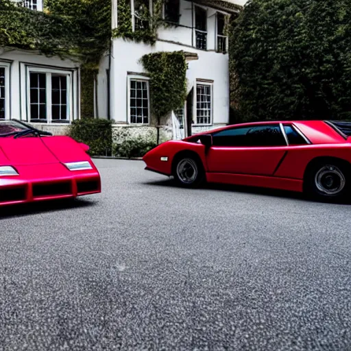 Image similar to red lamborghini diablo in front of an 8 0's mansion and al pacino in front of it very elegant and very realistic