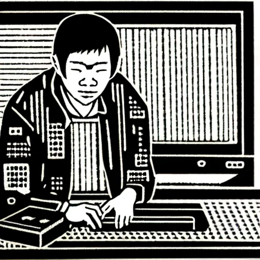 Prompt: portrait of a programmer by makoto yukimura, woodcut