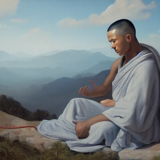 Image similar to a painting of a monk wearing headphones meditating on top of a mountain, style by joseph christian, detailed, coherence, smooth, hyper detailed, studio quality