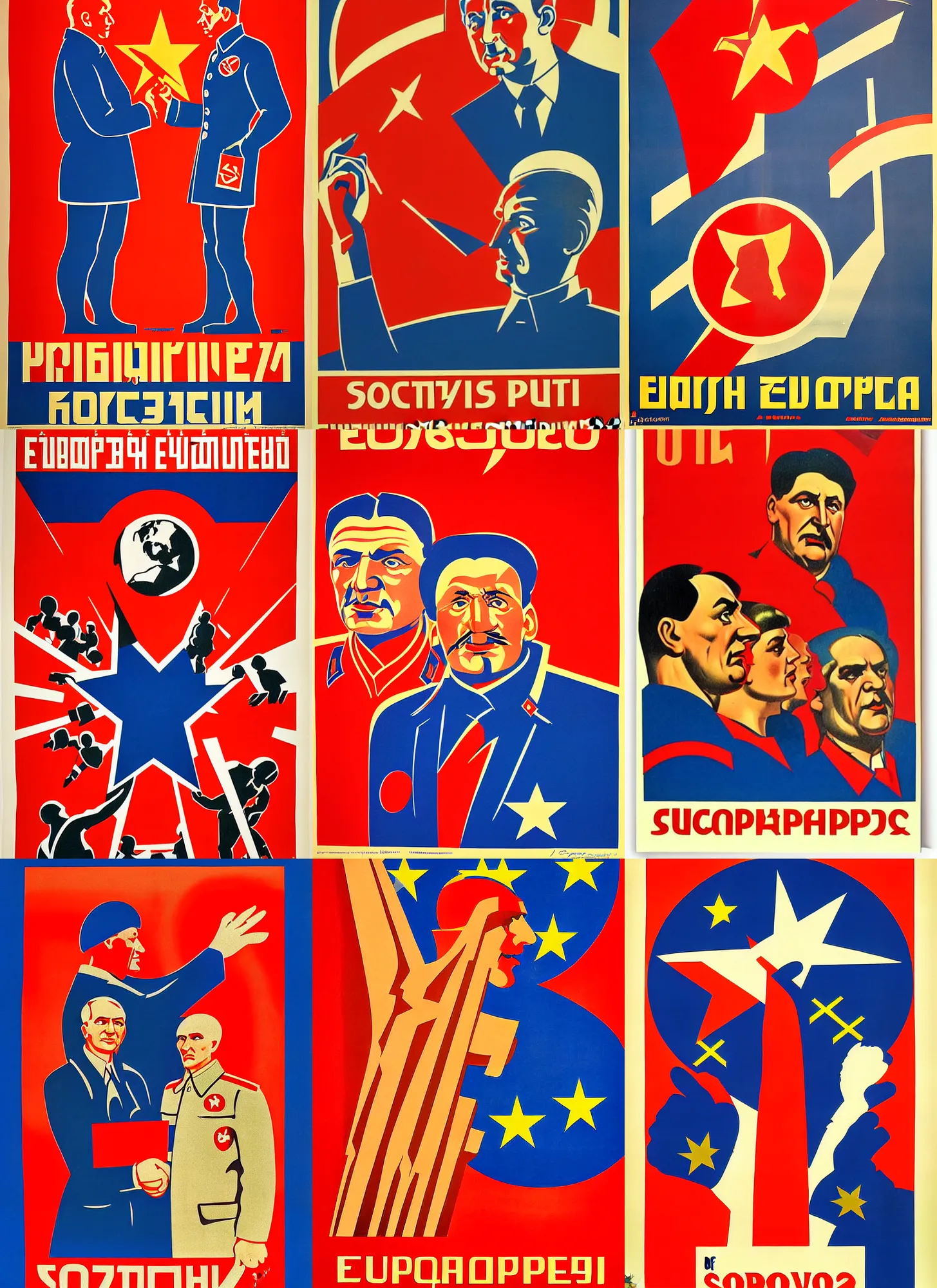 Prompt: soviet propaganda poster of the union of european soviets, socialist realism. by alexander zelensky, viktor deni, havrylo pustoviyt