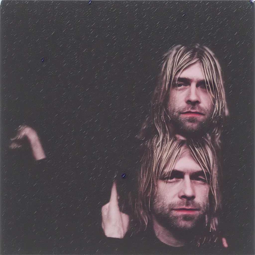 Image similar to polaroid of kurt cobain in seattle, raining! nighttime, color, photorealistic, hyperdetailed, 8 k