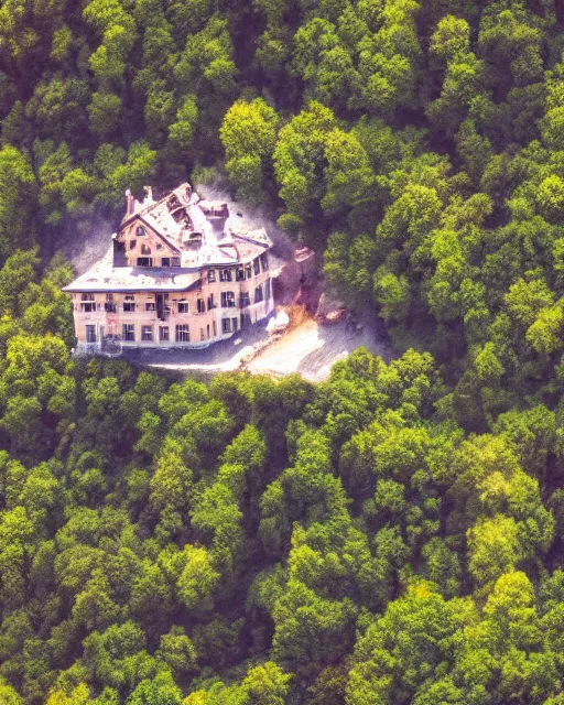 Image similar to mansion in the alps set on fire, zoomed out, shot from drone, iphone capture, fire