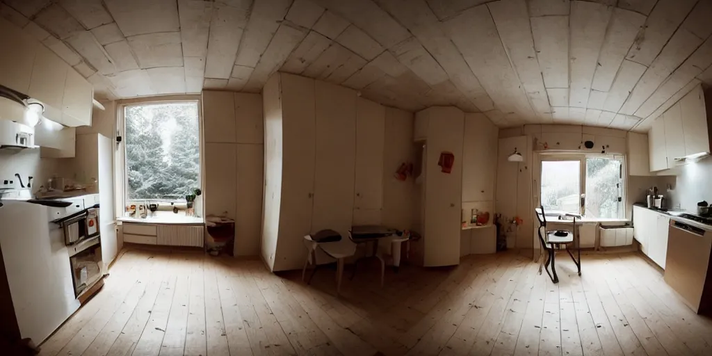 Image similar to minimalistic kitchen dim lit by a candle simon stalenhag, fisheye camera, extreme perspective