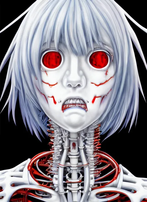 Image similar to Rei Ayanami by Yoshitaka Amano, by HR Giger, biomechanical, profile portrait, 4k, wide ayes, hyper detailed, hyperrealism, anime, a Blood Moon rising on a Broken World 4k very detailed deviantart artstation