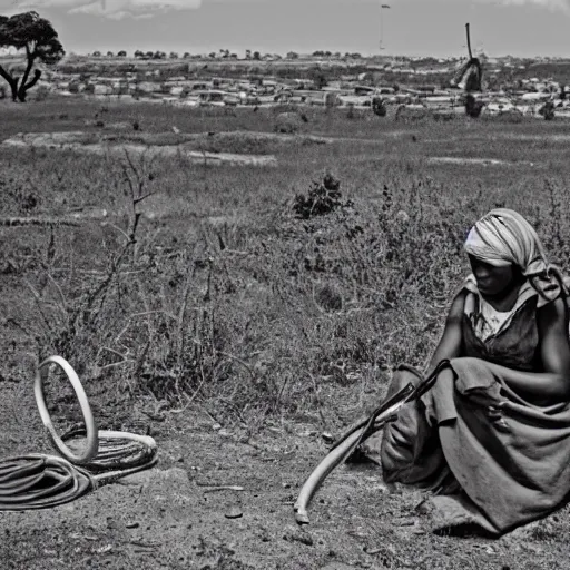 Prompt: wide angle photo of African woman inspecting laser gun ancient device, tools and junk on the ground,wires and lights, old village in the distance, vintage old photo, black and white, sepia