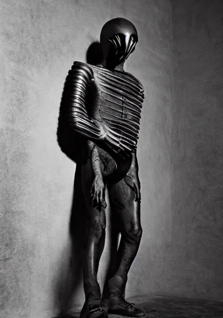 Image similar to an award - winning photo of an ancient male model wearing a plain designer menswear jacket inspired by h. r. giger designed by alexander mcqueen