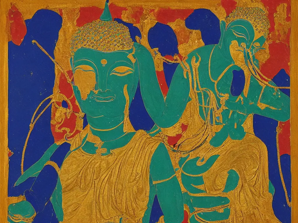 Image similar to portrait of the buddha with a bull. lapis lazuli, malachite, cinnabar, gold. minoan painting