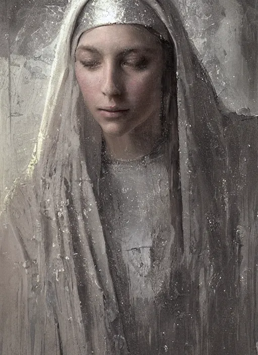 Image similar to portrait of the Virgin Mary wearing glowing silver robes with a crown of Laurel above her head that looks as though a portal to the sky, by Jeremy Mann, stylized, detailed, realistic, loose brush strokes, intricate, beautiful, flowing, soft lighting