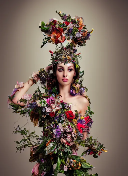 Image similar to full body environmental portrait photo of a young and beautiful female model, ornate headpiece made from flowers, ornaments, glamour shot by gemmy woud - binnendijk, chris knight, photorealistic, canon r 3, fashion photography, ornate, symmetrical features, octane render, unreal engine, solid dark background, clamp shell lighting, rim lighting