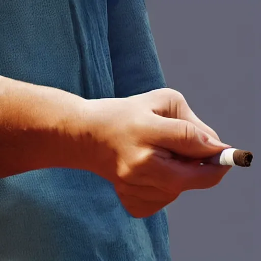 Image similar to cigarette in hand, hyper realistic