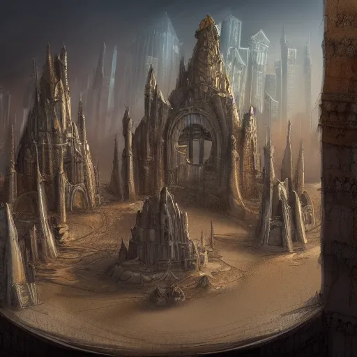 Prompt: architectural cover concept art of the lost sand city, ruins, golden towers, golden pillarsl. digital art, art station, realista,