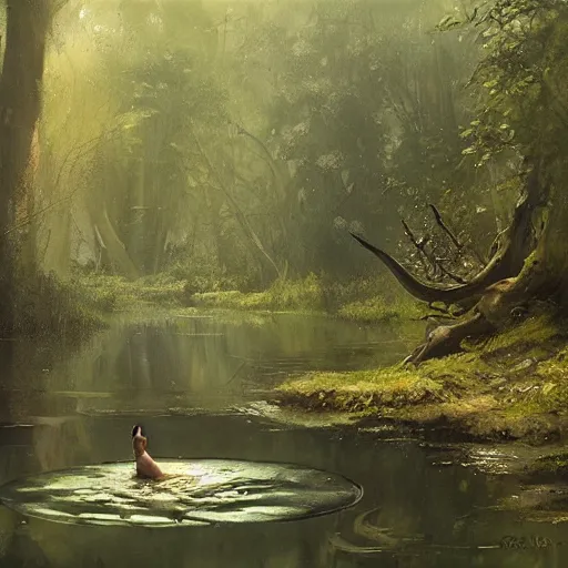 Prompt: water elemental resting at a pond inside a forest, oil painting, by Greg Rutkowski