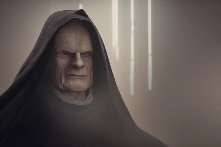 Image similar to a cinematic still of (Ian McDiarmid!!!) as palpatine, wearing sith hood, Ian McDiarmid, ((octane render, nvidia raytracing demo)), ((((lightning)))), masterpiece