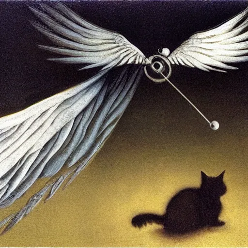 Image similar to a cat with wings an illustration by Michael Sowa, but as photography