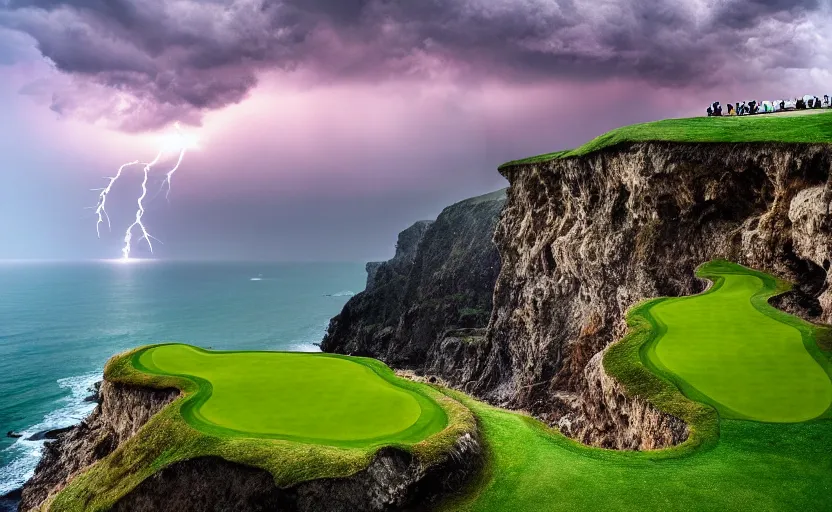 Image similar to a great photograph of the most amazing golf hole in the world, rainy day during lightning storm, cliffs by the sea, perfect green fairway, human perspective, ambient light, 5 0 mm, golf digest, top 1 0 0, fog