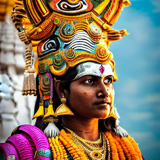 Prompt: a woman wearing an armor and headdress. the armor and headdress is made out of the colors, textures and sculptures of the meenakshi temple in madurai. intricate. detailed.