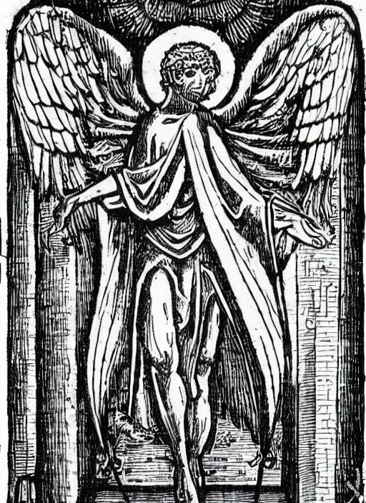 Prompt: medieval occult etching, very detailed, of the angel of mercury