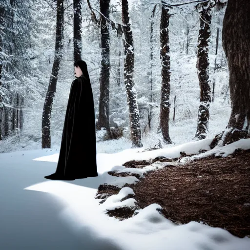 Image similar to lady dressed in a long black robe standing in the shadows of a snowy forest at night