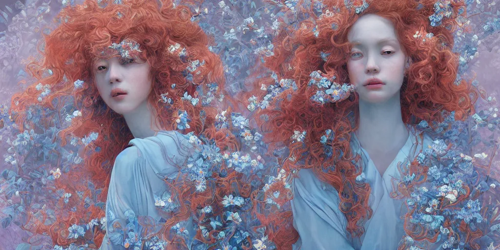 Image similar to breathtaking detailed concept art painting blend of few red curly hair goddesses of light blue flowers by hsiao - ron cheng with anxious piercing eyes, vintage illustration pattern with bizarre compositions blend of flowers and fruits and birds by beto val and john james audubon, exquisite detail, extremely moody lighting, 8 k