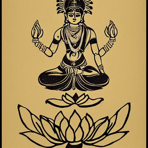 Image similar to four armed indian goddess lakshmi sitting on a lotus, minimalistic style