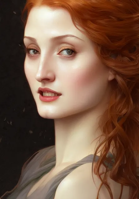 Image similar to sansa angeline jolie gessica chastain teeth, intricate, elegant, highly detailed, digital painting, artstation, concept art, smooth, sharp focus, illustration, art by artgerm and greg rutkowski and alphonse mucha and william - adolphe bouguereau