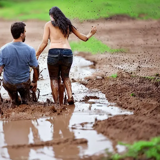 Prompt: a young couple rolling in the mud