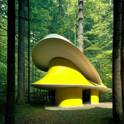 Prompt: architecture ad for a mid-century modern house in the middle of the forrest, designed by Zaha Hadid. Shell. Film grain, cinematic, colorized, yellow hue