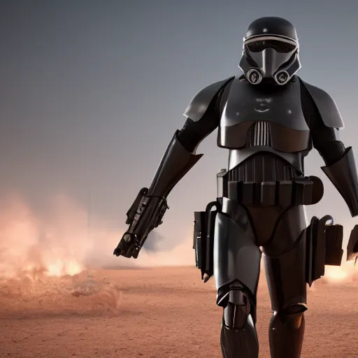 Image similar to a black armored stormtrooper, 8 k, cinematic lighting, shallow depth of field, raytracing,