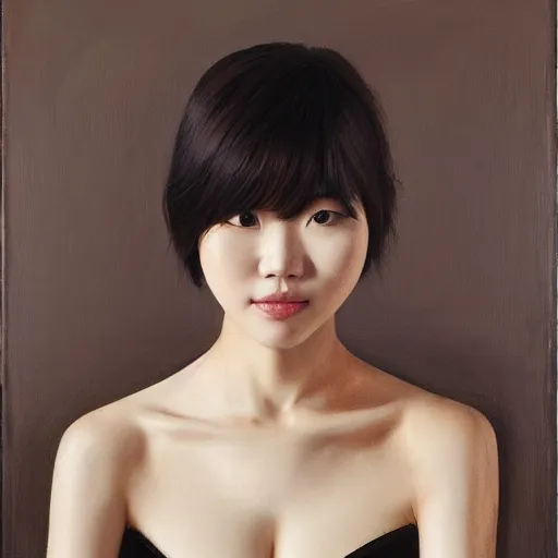 Prompt: portrait of a beautiful korean girl with long hair and bangs wearing a tuxedo, angular features, oil on canvas, elegant pose, masterpiece, Jonathan Yeo painting