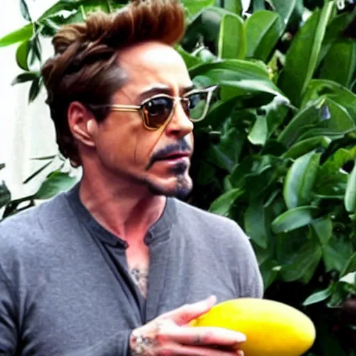 Prompt: robert downey jr. eating a mango.