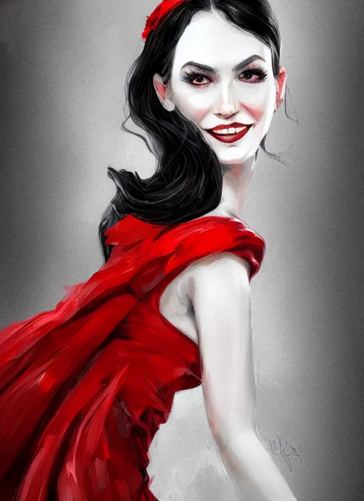 Image similar to a highly detailed illustration of long black hair white woman wearing a red and black dress, dramatic smile pose, intricate, elegant, highly detailed, centered, digital painting, artstation, concept art, smooth, sharp focus, league of legends concept art, WLOP