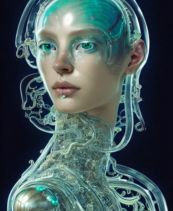 Image similar to intricate ornate opulent transparent clear see - through portrait of a cybernetic beautiful male alien sea slug, mottled coloring, adorable, childlike, apocalyptic environment, ultra realistic, concept art, art nouveau, photorealistic, octane render, 8 k, unreal engine. art by christopher marley and artgerm and greg rutkowski and alphonse mucha
