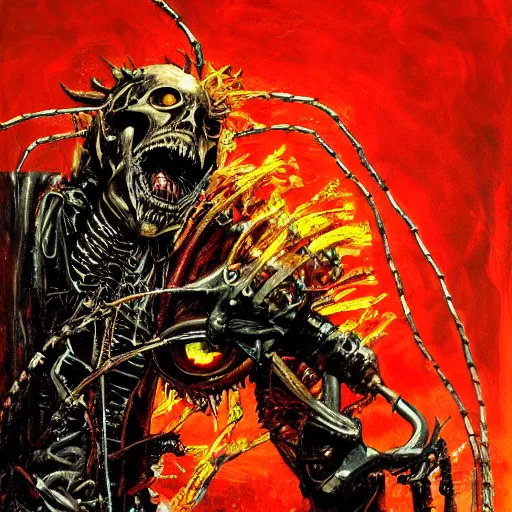 Prompt: cyberpunk ghost rider demon swinging a barbed wire whip, extremely detailed concept art, palette knife oil painting, dark saturated colors, vapor wave, terrifying masterpiece, maximalist, full body portrait, black background, horror, by Ralph Steadman, by Giger, by Alexander McQueen