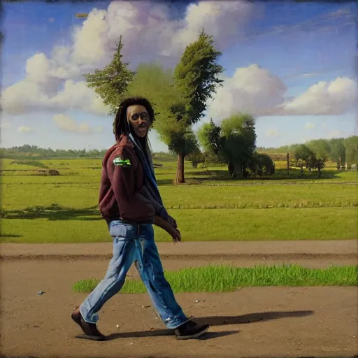 Image similar to bob marley walking along the gistelsesteenweg, painted by scott listfield, sunny, happy