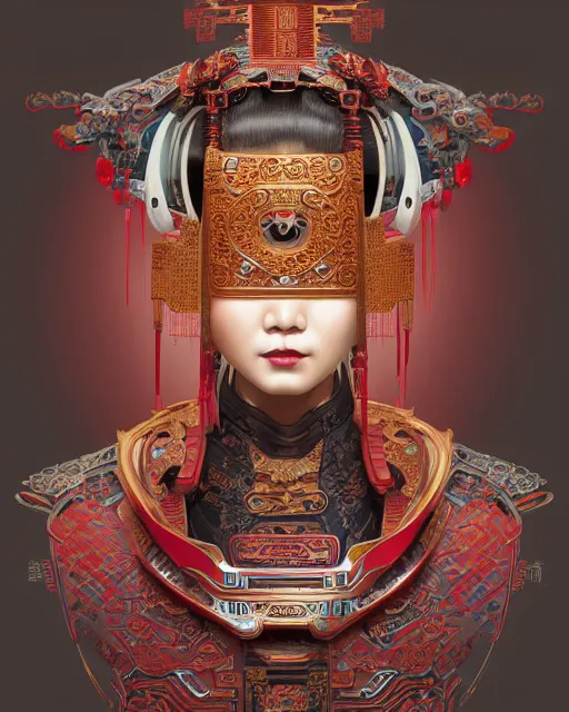 Image similar to portrait of a chinese cyberpunk machine, machine face, upper half portrait, decorated with chinese opera motifs, regal, asian, fine china, wuxia, traditional chinese art intricate intense elegant 京 剧 highly detailed digital painting artstation concept art smooth sharp focus illustration, art by artgerm and greg rutkowski alphonse mucha 8 k