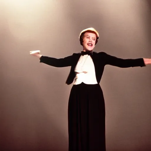 Prompt: julie andrews in all black, dancing alone on stage, dramatic lighting, very detailed photo