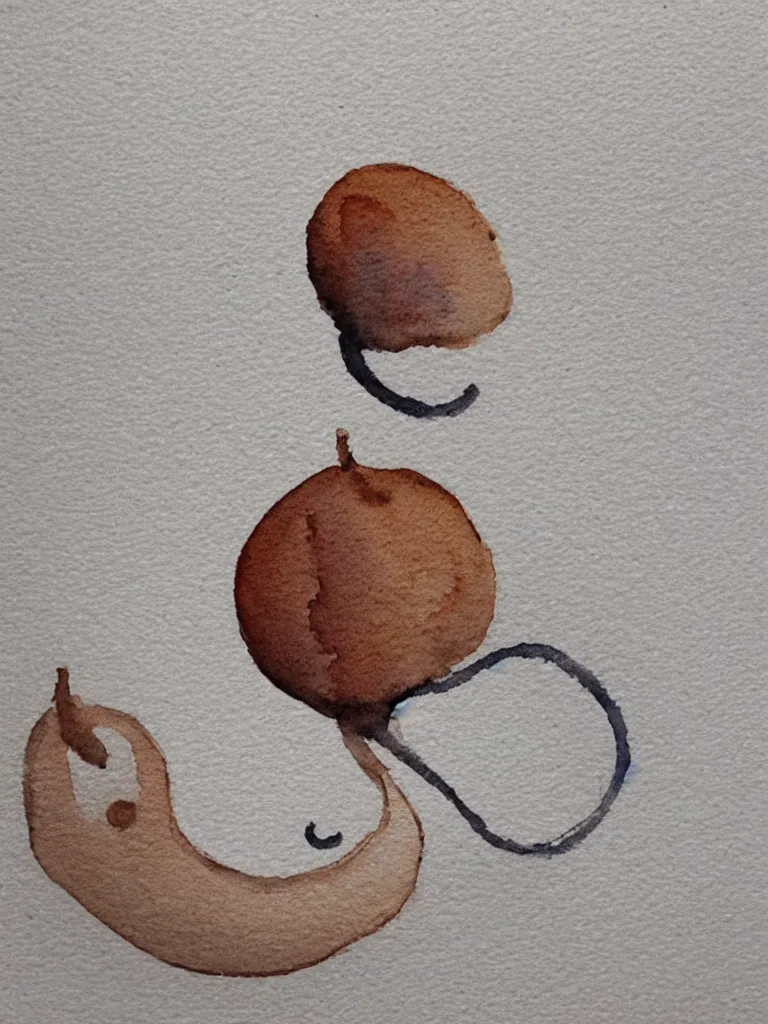 Prompt: a minimal watercolor painting of an acorn that turns out to be the base of a beautiful tree in the shape of a treble clef with some light and dark effects, playful and carefree