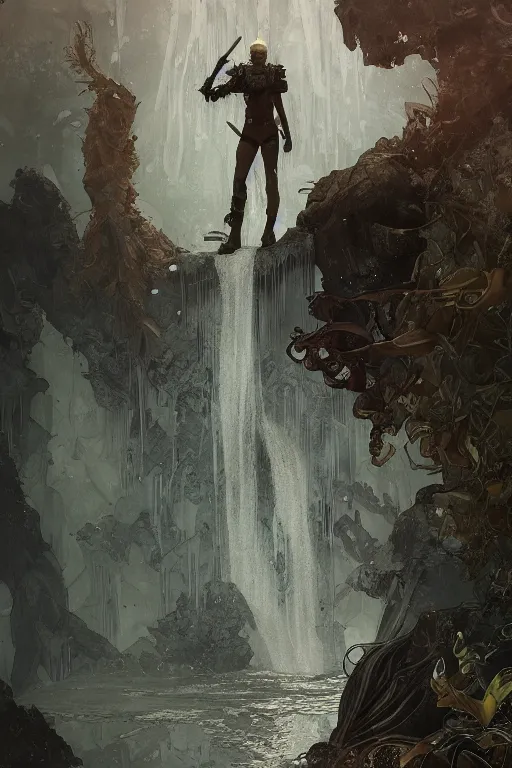 Image similar to a full body portrait of a beautiful post apocalyptic offworld nordic biofarmer swimming by the waterfalls, intricate, elegant, highly detailed, digital painting, artstation, concept art, smooth, sharp focus, illustration, art by krenz cushart and artem demura and alphonse mucha