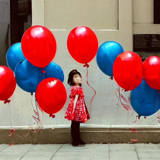 Prompt: wide angle street scene shot todd solondz a young girl faces the camera with a shy expression and holds dozens of red balloons by their strings, impressionistic, todd solondz, alphonse mucha, rhads, rebecca guay, artstation, artgerm, octane render