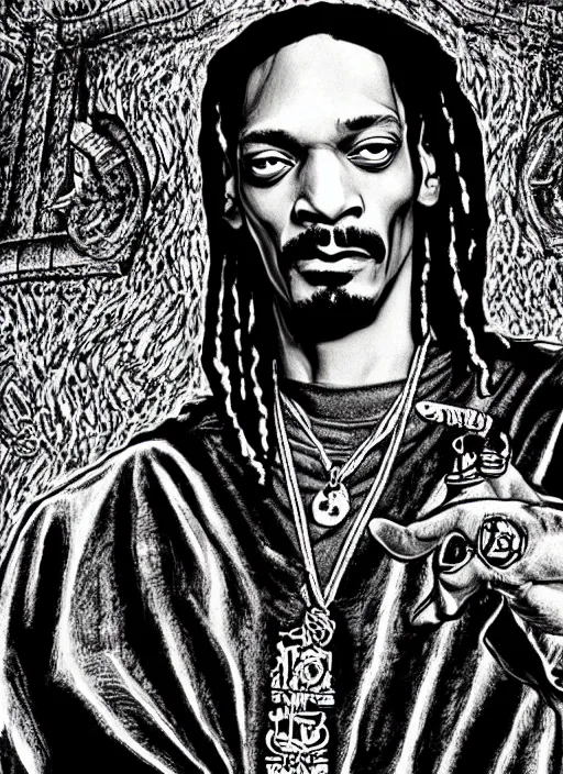 Image similar to Snoop Dogg as a knight, highly detailed, black and white, manga, art by Kentaro Miura