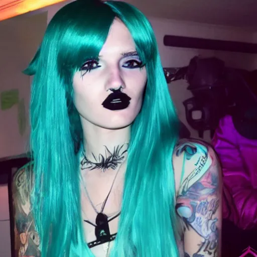 Prompt: behind the scenes photo of bella thorne as gwen in total drama island, teal hair, goth aesthetic, focus on facial details, focus on full body, photorealistic, cinematic lighting