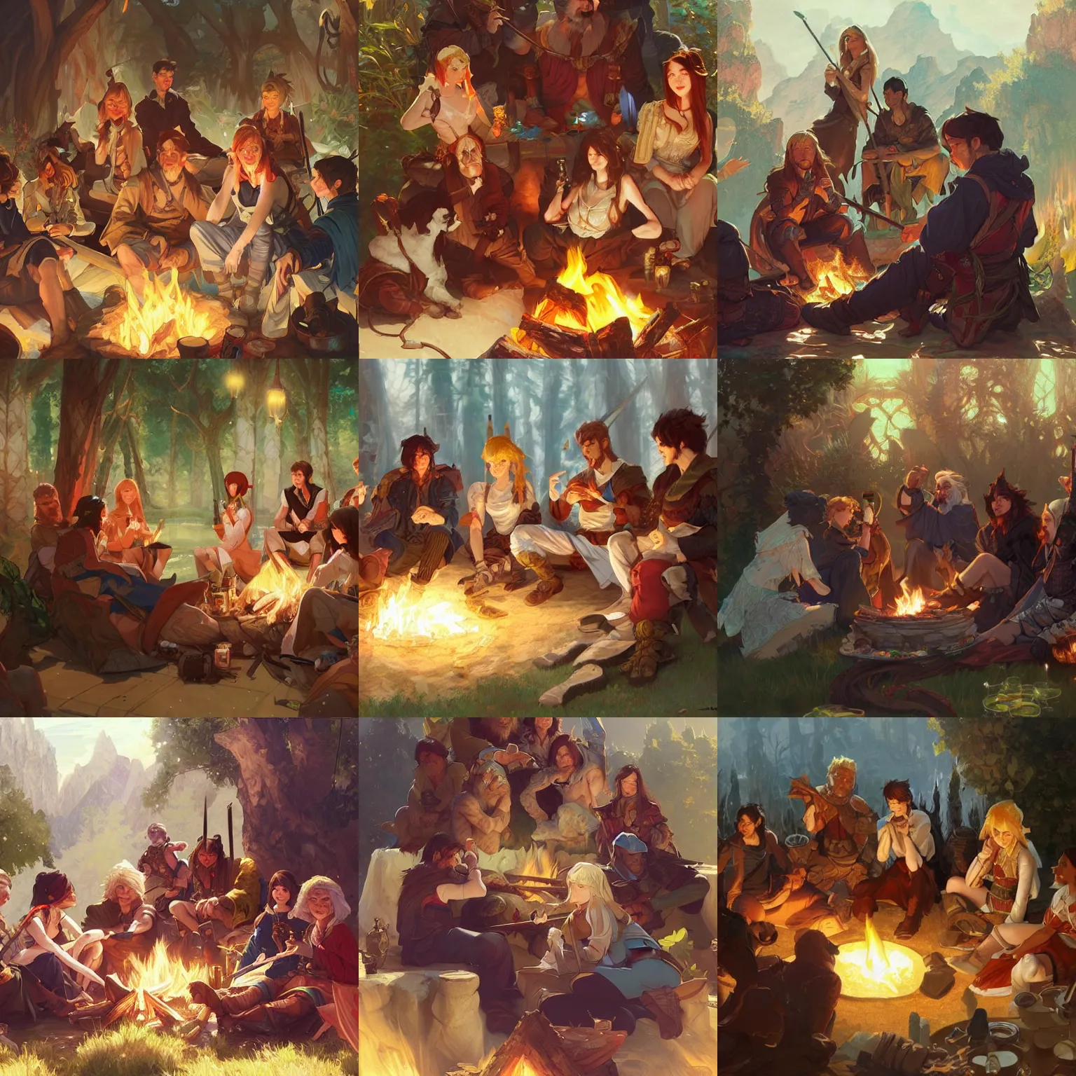 Prompt: A party of adventurers sitting around a fire, D&D, fantasy, detailed, digital painting, artstation, pixiv, Krenz Cushart, WLOP, Artgerm, Alphonse Mucha, Tian Zi