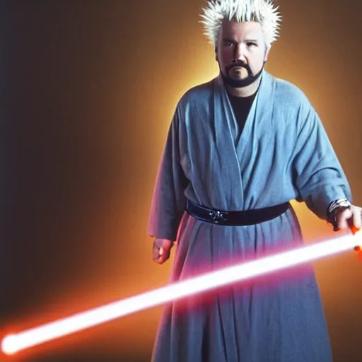 Prompt: desaturated!!!!!!, Guy Fieri in Star Wars, Jedi Knight, blue light saber, cinematic, cinestill 400t film, 35mm lens, by Stanly Kubrick, ultra high quality