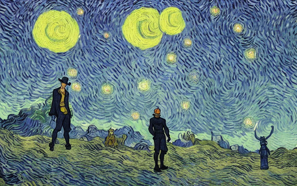 Image similar to the sandman from graphic novel, looking out over for a new cosmic adventure, with a sense of nostalgia and longing by vincent van gogh and tyler edlin