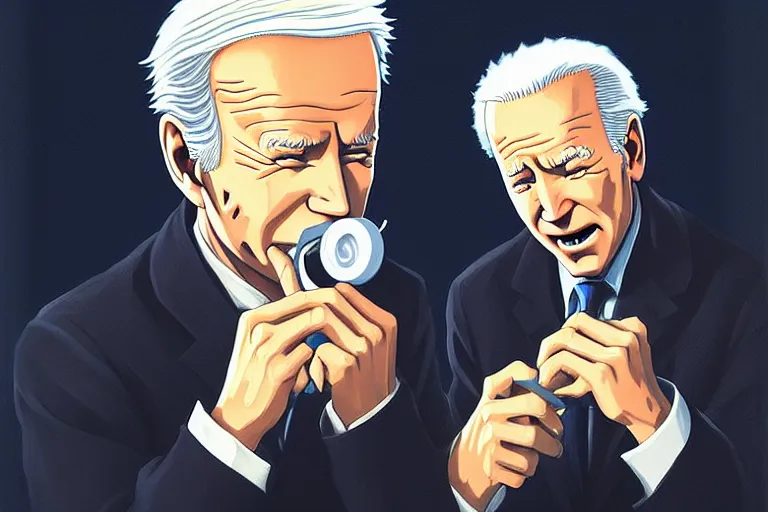 Image similar to anime key visual of joe biden eating all of the carbon credits, style of jamie wyeth james gilleard edward hopper greg rutkowski acrylic painting, preserved museum piece, historical