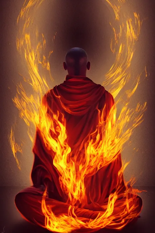 Prompt: A single monk meditating in flames by Afshar Petros, Trending on artstation.