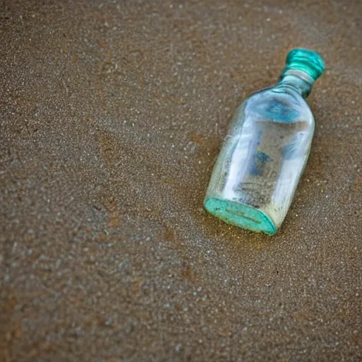 Prompt: an old message in a bottle washed up on the beach sand from the 1800s, close up, dslr photo 50mm